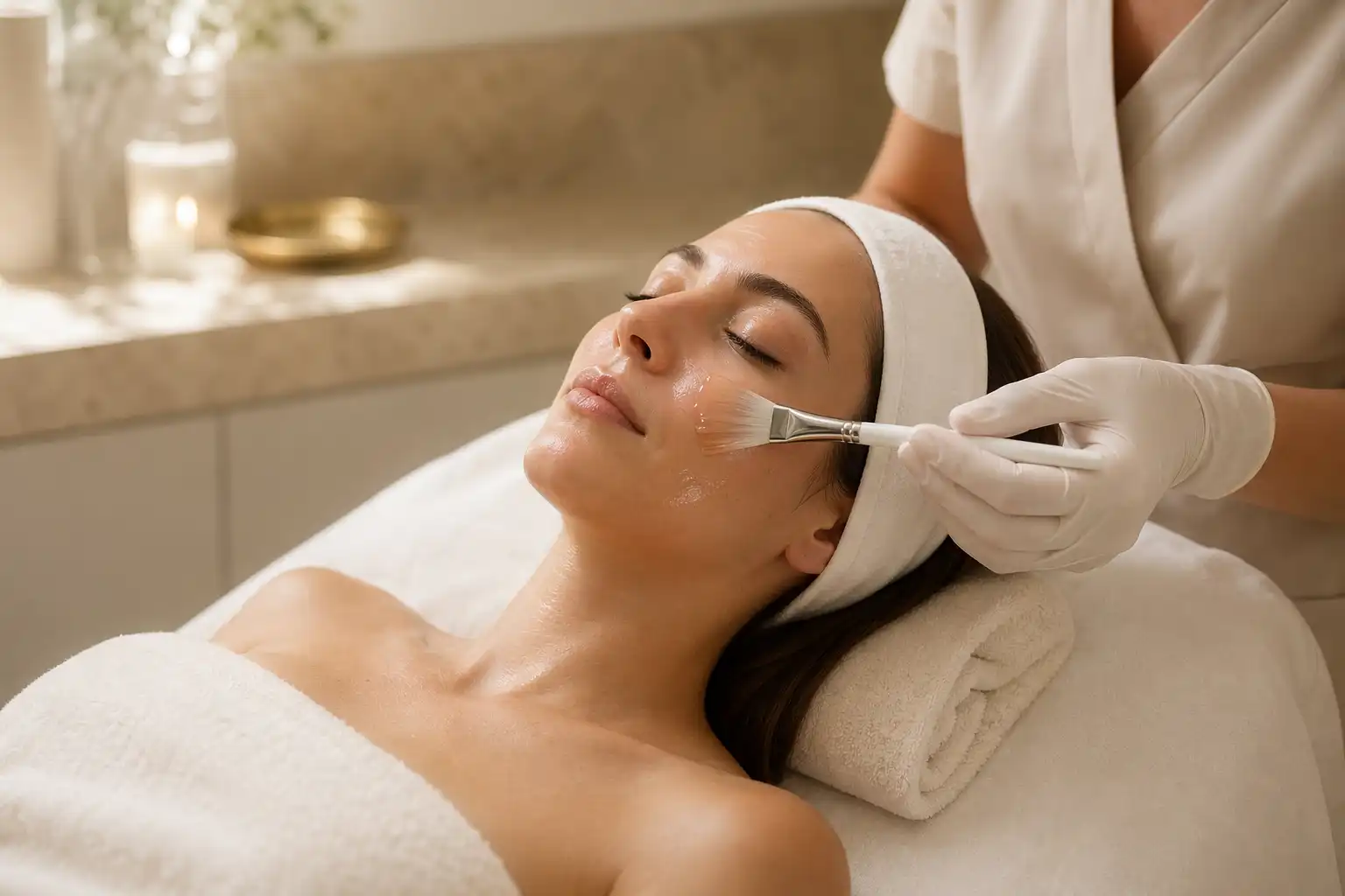 Fruchtsäure Peeling wird mit dem Pinsel aufgetragen